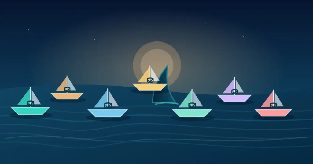 Seven VPN alternatives sailing away from a shark fin at dusk