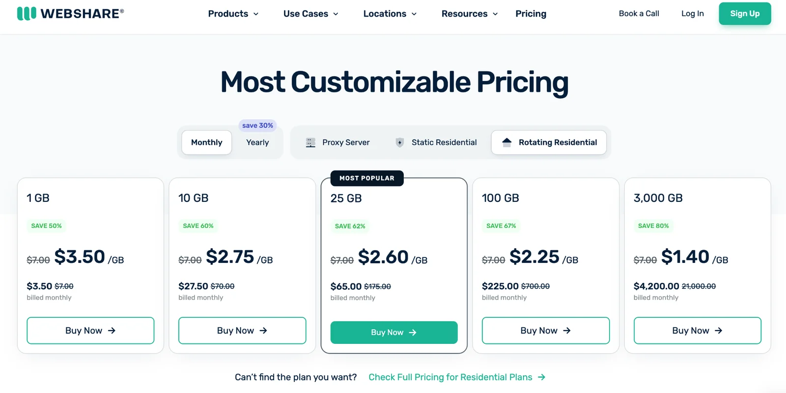 Webshare rotating residential proxy pricing plans