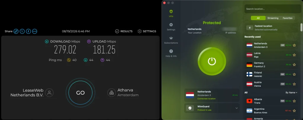 ZoogVPN macOS app connected to Amsterdam over WireGuard beside a Speedtest result: 279.02 Mbps down, 181.25 Mbps up, 40 ms ping