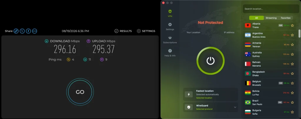 Speedtest with ZoogVPN disconnected and the app showing Not Protected: 296.16 Mbps down, 295.37 Mbps up, 4 ms ping