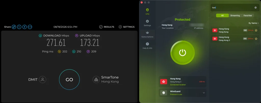 ZoogVPN macOS app connected to Hong Kong over WireGuard beside a Speedtest result: 271.61 Mbps down, 173.21 Mbps up, 202 ms ping