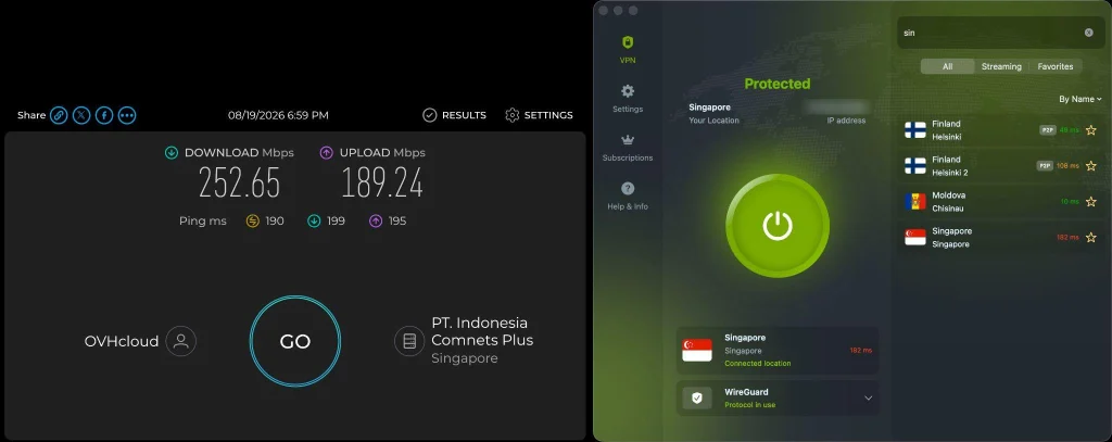 ZoogVPN macOS app connected to Singapore over WireGuard beside a Speedtest result: 252.65 Mbps down, 189.24 Mbps up, 190 ms ping