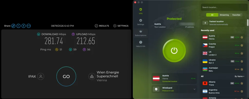 ZoogVPN macOS app connected to Vienna over WireGuard beside a Speedtest result: 281.74 Mbps down, 212.65 Mbps up, 51 ms ping
