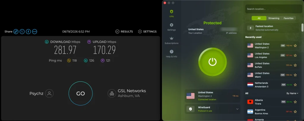 ZoogVPN macOS app connected to Washington, DC over WireGuard beside a Speedtest result: 281.97 Mbps down, 170.29 Mbps up, 118 ms ping
